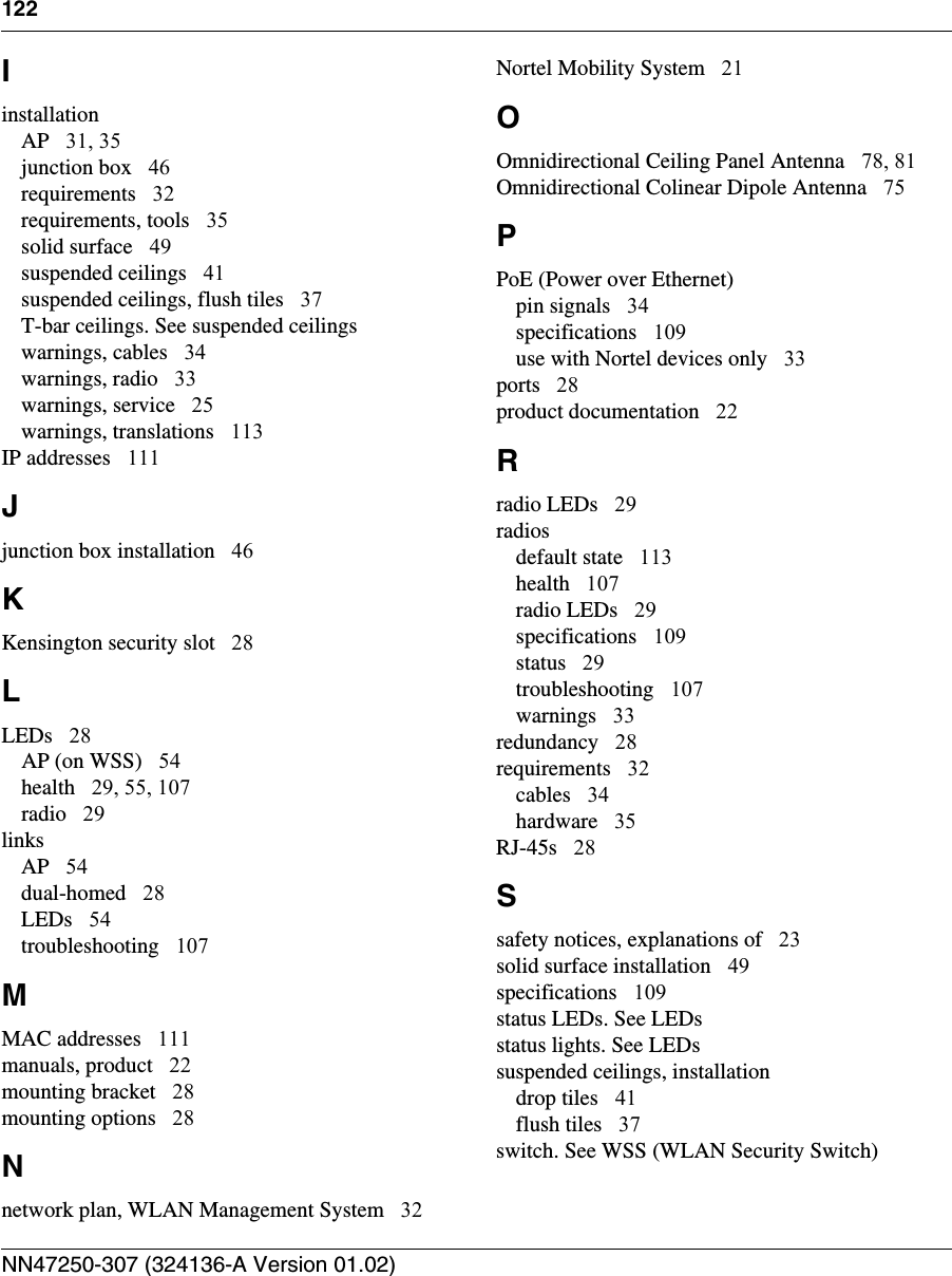 122NN47250-307 (324136-A Version 01.02)  IinstallationAP 31, 35junction box 46requirements 32requirements, tools 35solid surface 49suspended ceilings 41suspended ceilings, flush tiles 37T-bar ceilings. See suspended ceilingswarnings, cables 34warnings, radio 33warnings, service 25warnings, translations 113IP addresses 111Jjunction box installation 46KKensington security slot 28LLEDs 28AP (on WSS) 54health 29, 55, 107radio 29linksAP 54dual-homed 28LEDs 54troubleshooting 107MMAC addresses 111manuals, product 22mounting bracket 28mounting options 28Nnetwork plan, WLAN Management System 32Nortel Mobility System 21OOmnidirectional Ceiling Panel Antenna 78, 81Omnidirectional Colinear Dipole Antenna 75PPoE (Power over Ethernet)pin signals 34specifications 109use with Nortel devices only 33ports 28product documentation 22Rradio LEDs 29radiosdefault state 113health 107radio LEDs 29specifications 109status 29troubleshooting 107warnings 33redundancy 28requirements 32cables 34hardware 35RJ-45s 28Ssafety notices, explanations of 23solid surface installation 49specifications 109status LEDs. See LEDsstatus lights. See LEDssuspended ceilings, installationdrop tiles 41flush tiles 37switch. See WSS (WLAN Security Switch)