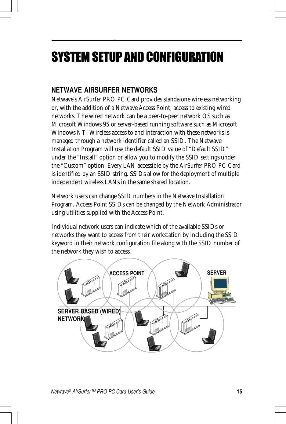 15Netwave® AirSurfer™ PRO PC Card User’s GuideNETWAVE AIRSURFER NETWORKSNetwave’s AirSurfer PRO PC Card provides standalone wireless networkingor, with the addition of a Netwave Access Point, access to existing wirednetworks. The wired network can be a peer-to-peer network OS such asMicrosoft Windows 95 or server-based running software such as MicrosoftWindows NT. Wireless access to and interaction with these networks ismanaged through a network identifier called an SSID. The NetwaveInstallation Program will use the default SSID value of “Default SSID”under the “Install” option or allow you to modify the SSID settings underthe “Custom” option. Every LAN accessible by the AirSurfer PRO PC Cardis identified by an SSID string. SSIDs allow for the deployment of multipleindependent wireless LANs in the same shared location.Network users can change SSID numbers in the Netwave InstallationProgram. Access Point SSIDs can be changed by the Network Administratorusing utilities supplied with the Access Point.Individual network users can indicate which of the available SSIDs ornetworks they want to access from their workstation by including the SSIDkeyword in their network configuration file along with the SSID number ofthe network they wish to access.System Setup and ConfigurationSERVER BASED (WIRED)NETWORKACCESS POINT SERVERSYSTEM SETUP AND CONFIGURATION