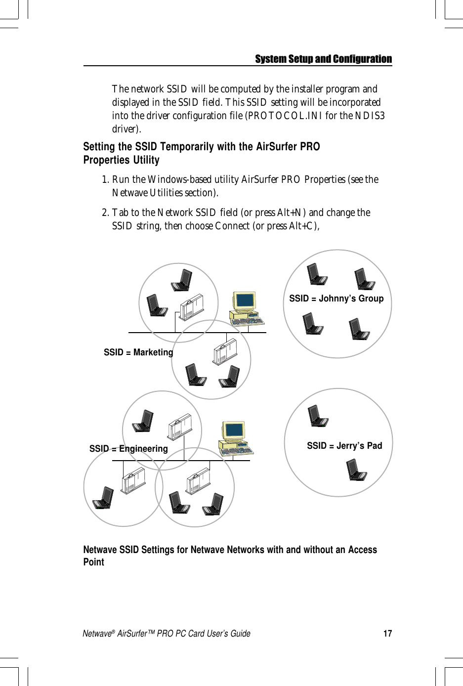 17Netwave® AirSurfer™ PRO PC Card User’s GuideSSID = Johnny’s GroupThe network SSID will be computed by the installer program anddisplayed in the SSID field. This SSID setting will be incorporatedinto the driver configuration file (PROTOCOL.INI for the NDIS3driver).Setting the SSID Temporarily with the AirSurfer PROProperties Utility1. Run the Windows-based utility AirSurfer PRO Properties (see theNetwave Utilities section).2. Tab to the Network SSID field (or press Alt+N) and change theSSID string, then choose Connect (or press Alt+C),Netwave SSID Settings for Netwave Networks with and without an AccessPointSSID = MarketingSSID = Jerry’s PadSystem Setup and ConfigurationSSID = Engineering