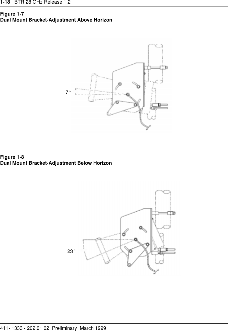 1-18   BTR 28 GHz Release 1.2411- 1333 - 202.01.02  Preliminary  March 1999Figure 1-7Dual Mount Bracket-Adjustment Above HorizonFigure 1-8Dual Mount Bracket-Adjustment Below Horizon7°23°