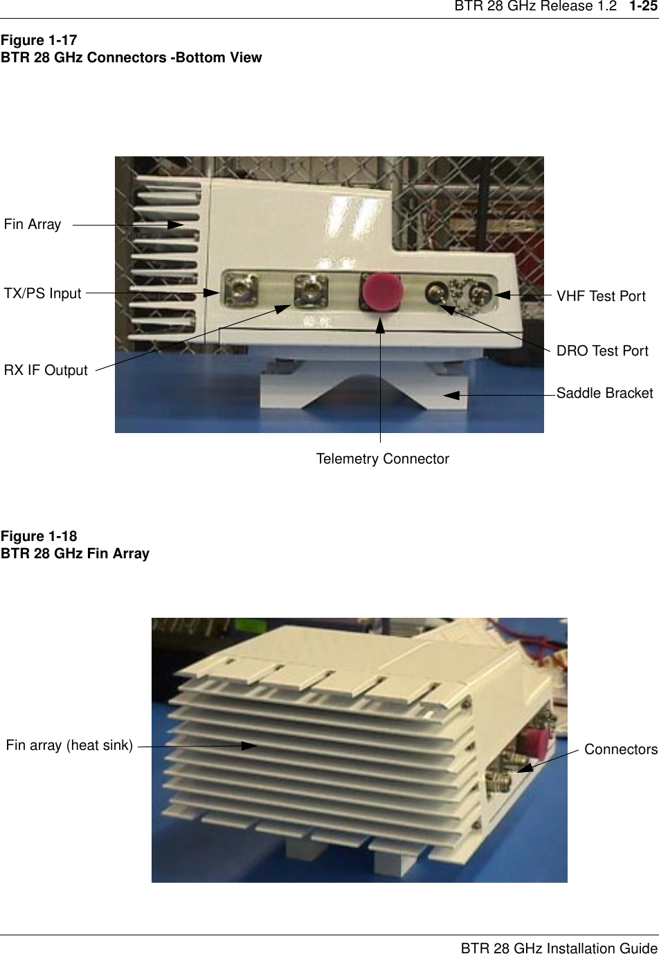 BTR 28 GHz Release 1.2   1-25BTR 28 GHz Installation GuideFigure 1-17BTR 28 GHz Connectors -Bottom ViewFigure 1-18BTR 28 GHz Fin ArrayFin ArrayTX/PS InputRX IF OutputTelemetry ConnectorVHF Test PortDRO Test PortSaddle BracketFin array (heat sink) Connectors