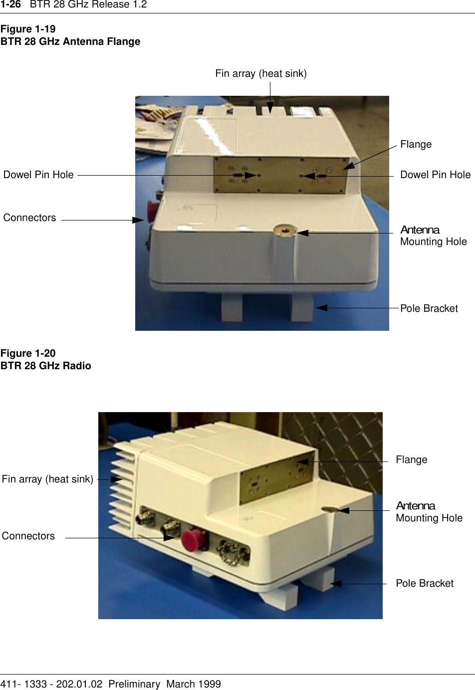 1-26   BTR 28 GHz Release 1.2411- 1333 - 202.01.02  Preliminary  March 1999Figure 1-19BTR 28 GHz Antenna FlangeFigure 1-20BTR 28 GHz RadioFin array (heat sink)FlangeDowel Pin HoleDowel Pin HoleAntenna Mounting HolePole BracketConnectorsFlangeFin array (heat sink)ConnectorsAntenna Mounting HolePole Bracket