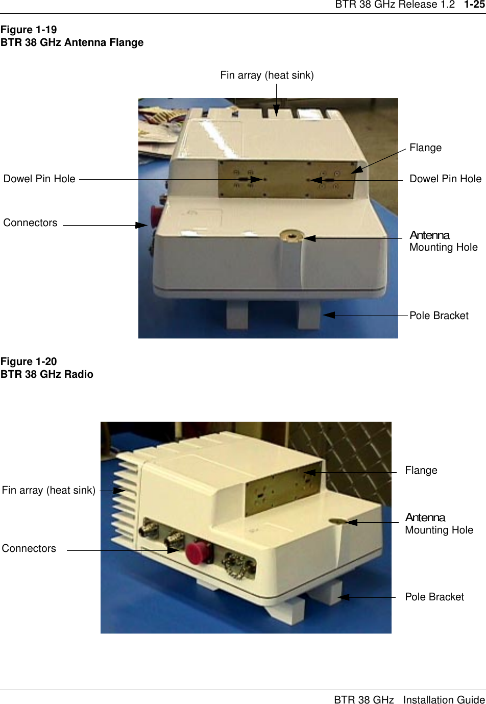 BTR 38 GHz Release 1.2   1-25BTR 38 GHz   Installation GuideFigure 1-19BTR 38 GHz Antenna FlangeFigure 1-20BTR 38 GHz RadioFin array (heat sink)FlangeDowel Pin HoleDowel Pin HoleAntenna Mounting HolePole BracketConnectorsFlangeFin array (heat sink)ConnectorsAntenna Mounting HolePole Bracket