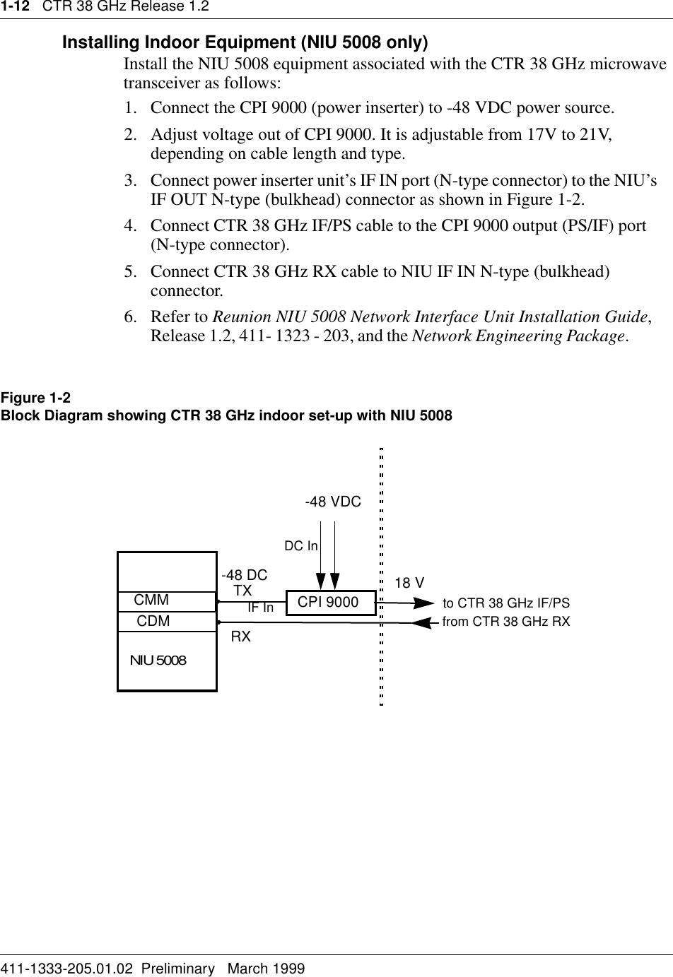 1-12   CTR 38 GHz Release 1.2411-1333-205.01.02  Preliminary   March 1999Installing Indoor Equipment (NIU 5008 only)Install the NIU 5008 equipment associated with the CTR 38 GHz microwave transceiver as follows:1. Connect the CPI 9000 (power inserter) to -48 VDC power source. 2. Adjust voltage out of CPI 9000. It is adjustable from 17V to 21V, depending on cable length and type.3. Connect power inserter unit’s IF IN port (N-type connector) to the NIU’s    IF OUT N-type (bulkhead) connector as shown in Figure 1-2.4. Connect CTR 38 GHz IF/PS cable to the CPI 9000 output (PS/IF) port      (N-type connector).5. Connect CTR 38 GHz RX cable to NIU IF IN N-type (bulkhead) connector.6. Refer to Reunion NIU 5008 Network Interface Unit Installation Guide, Release 1.2, 411- 1323 - 203, and the Network Engineering Package.            Figure 1-2 Block Diagram showing CTR 38 GHz indoor set-up with NIU 5008NIU 5008 CMM TXRXto CTR 38 GHz IF/PSfrom CTR 38 GHz RXCPI 9000-48 DC 18 V-48 VDC         CDMDC InIF In