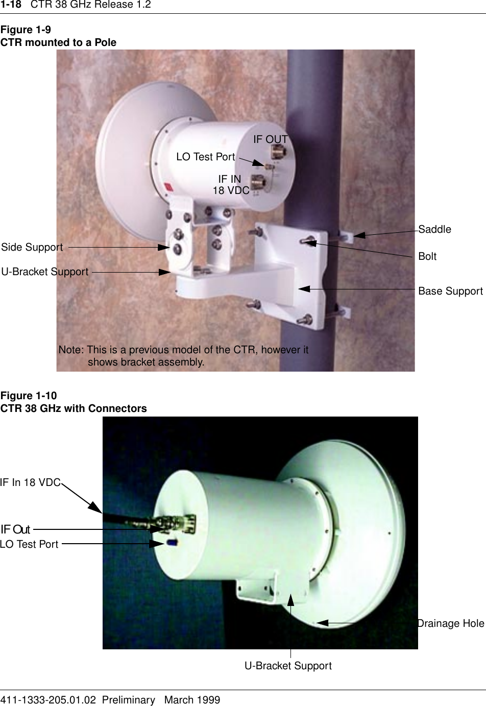 1-18   CTR 38 GHz Release 1.2411-1333-205.01.02  Preliminary   March 1999Figure 1-9CTR mounted to a PoleFigure 1-10CTR 38 GHz with ConnectorsIF IN18 VDCIF OUTLO Test PortBase SupportBoltU-Bracket SupportSide SupportSaddleNote: This is a previous model of the CTR, however it          shows bracket assembly.IF OutLO Test PortIF In 18 VDCU-Bracket SupportDrainage Hole