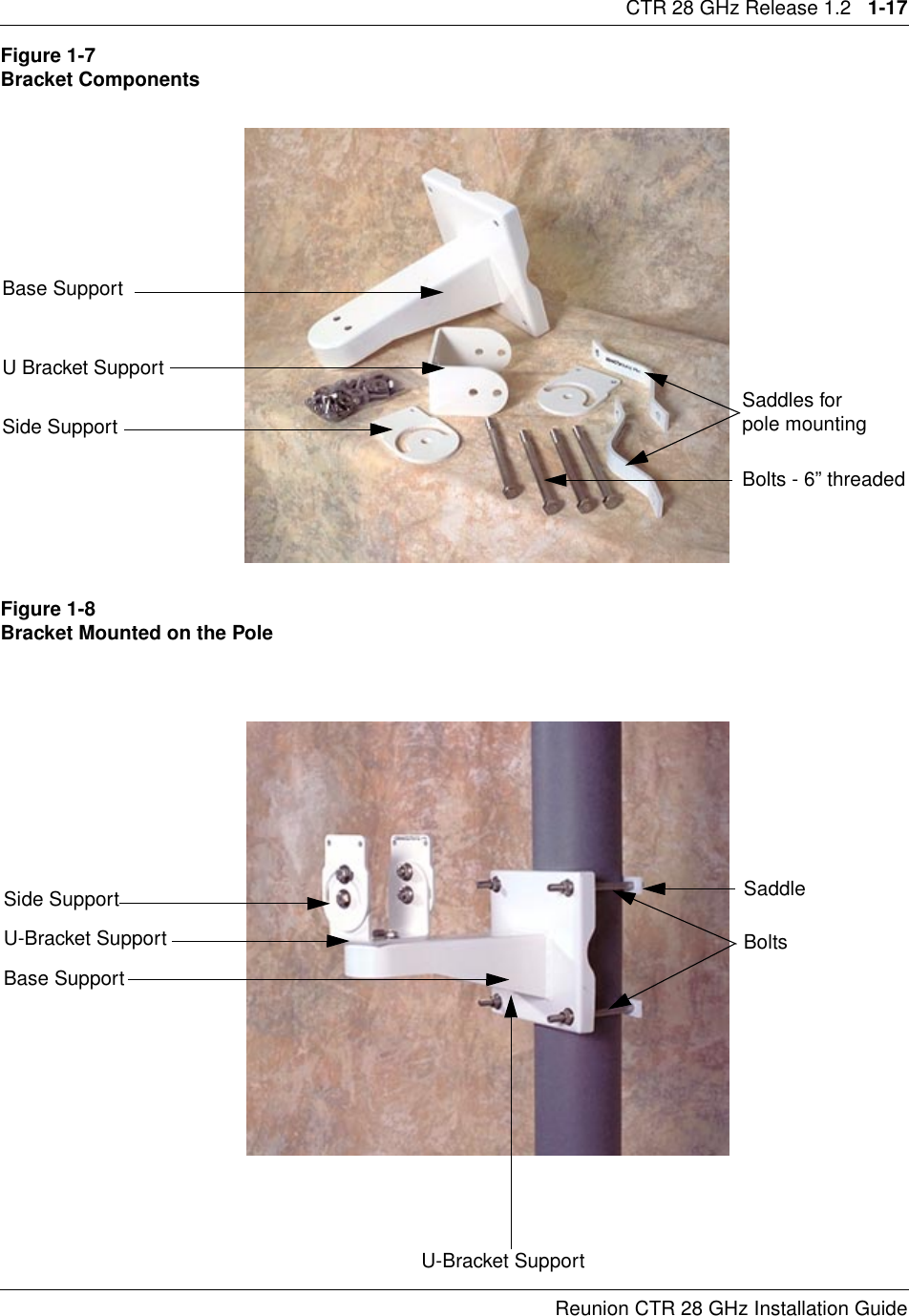 CTR 28 GHz Release 1.2   1-17Reunion CTR 28 GHz Installation GuideFigure 1-7Bracket ComponentsFigure 1-8Bracket Mounted on the PoleBase SupportBolts - 6” threadedU Bracket SupportSide SupportSaddles for pole mountingBase SupportBoltsU-Bracket SupportSide Support SaddleU-Bracket Support