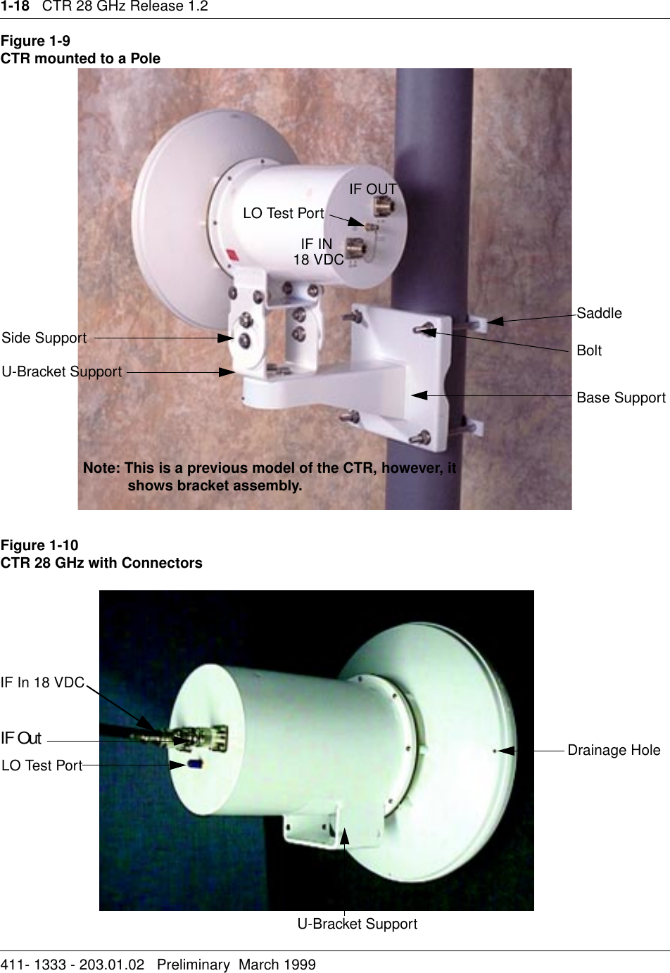 1-18   CTR 28 GHz Release 1.2411- 1333 - 203.01.02   Preliminary  March 1999   Figure 1-9CTR mounted to a PoleFigure 1-10 CTR 28 GHz with ConnectorsIF IN18 VDCIF OUTLO Test PortBase SupportBoltU-Bracket SupportSide SupportSaddleNote: This is a previous model of the CTR, however, it           shows bracket assembly.IF OutLO Test PortIF In 18 VDCDrainage HoleU-Bracket Support