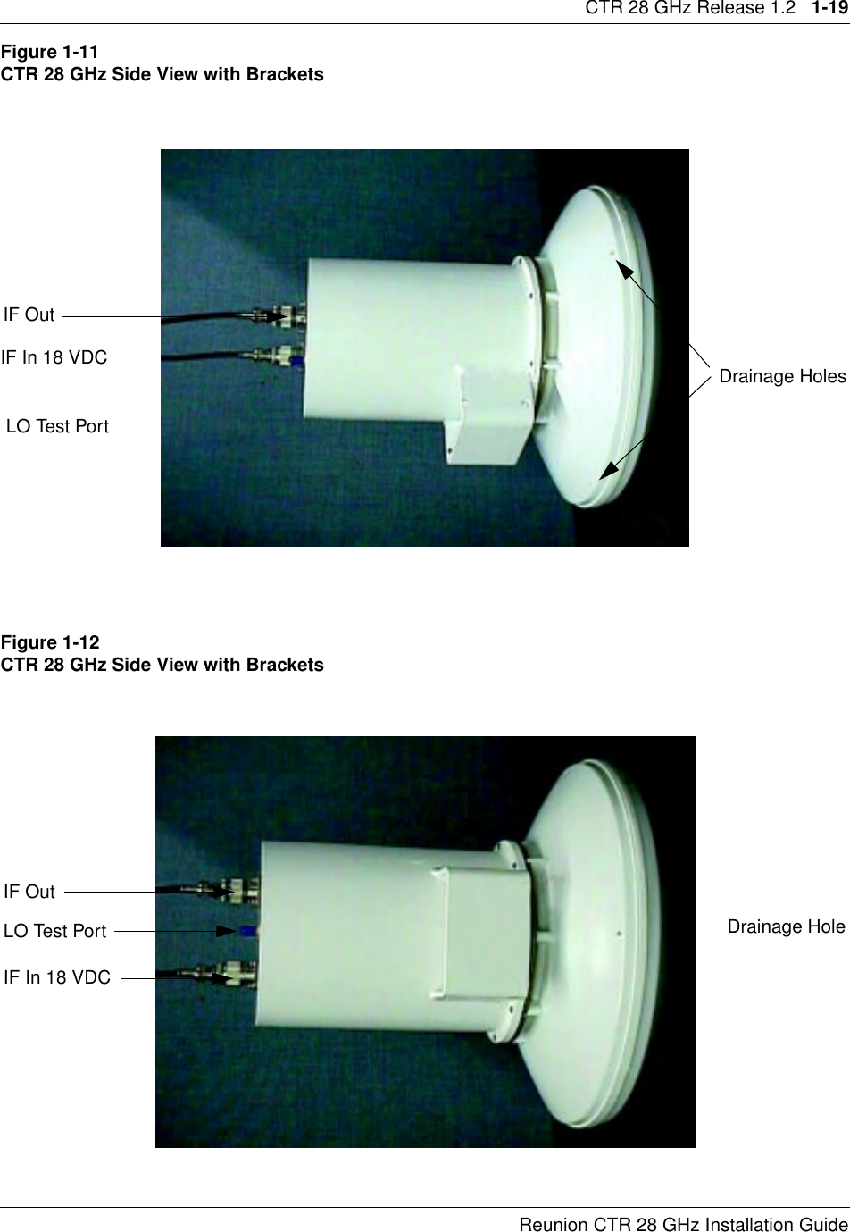 CTR 28 GHz Release 1.2   1-19Reunion CTR 28 GHz Installation GuideFigure 1-11 CTR 28 GHz Side View with Brackets Figure 1-12 CTR 28 GHz Side View with BracketsDrainage HolesIF OutLO Test PortIF In 18 VDCDrainage HoleIF OutLO Test PortIF In 18 VDC