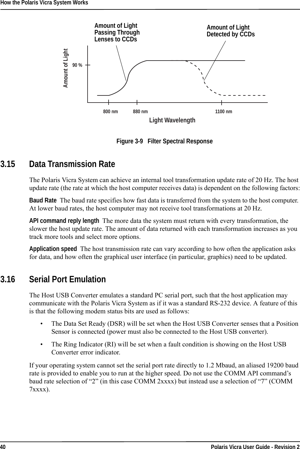How the Polaris Vicra System Works40 Polaris Vicra User Guide - Revision 2Figure 3-9   Filter Spectral Response3.15 Data Transmission RateThe Polaris Vicra System can achieve an internal tool transformation update rate of 20 Hz. The host update rate (the rate at which the host computer receives data) is dependent on the following factors:Baud Rate  The baud rate specifies how fast data is transferred from the system to the host computer. At lower baud rates, the host computer may not receive tool transformations at 20 Hz.API command reply length  The more data the system must return with every transformation, the slower the host update rate. The amount of data returned with each transformation increases as you track more tools and select more options.Application speed  The host transmission rate can vary according to how often the application asks for data, and how often the graphical user interface (in particular, graphics) need to be updated.3.16 Serial Port EmulationThe Host USB Converter emulates a standard PC serial port, such that the host application may communicate with the Polaris Vicra System as if it was a standard RS-232 device. A feature of this is that the following modem status bits are used as follows:• The Data Set Ready (DSR) will be set when the Host USB Converter senses that a Position Sensor is connected (power must also be connected to the Host USB converter).• The Ring Indicator (RI) will be set when a fault condition is showing on the Host USB Converter error indicator. If your operating system cannot set the serial port rate directly to 1.2 Mbaud, an aliased 19200 baud rate is provided to enable you to run at the higher speed. Do not use the COMM API command’s baud rate selection of “2” (in this case COMM 2xxxx) but instead use a selection of “7” (COMM 7xxxx).800 nm 880 nm 1100 nm90 %Light WavelengthAmount of LightAmount of Light Passing Through Lenses to CCDsAmount of Light Detected by CCDs
