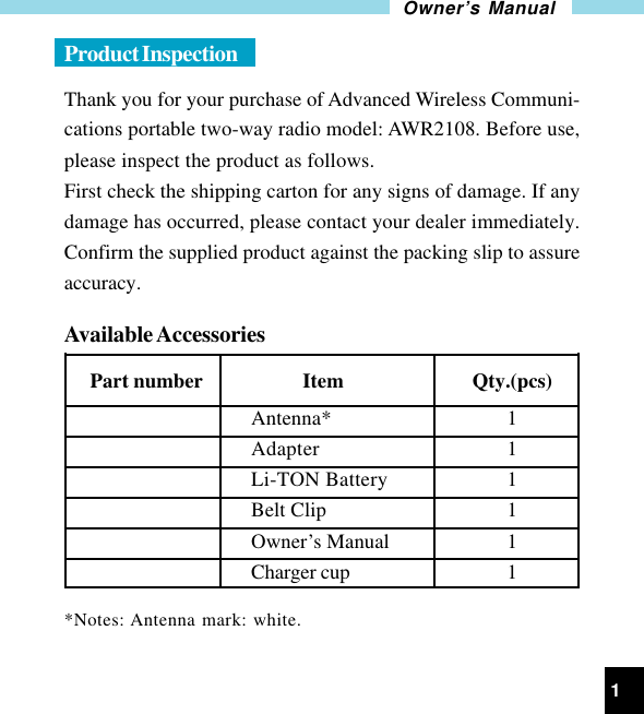 1Owner’s ManualProduct InspectionThank you for your purchase of Advanced Wireless Communi-cations portable two-way radio model: AWR2108. Before use,please inspect the product as follows.First check the shipping carton for any signs of damage. If anydamage has occurred, please contact your dealer immediately.Confirm the supplied product against the packing slip to assureaccuracy.Available AccessoriesPart number Item Qty.(pcs)Antenna* 1Adapter 1Li-TON Battery 1Belt Clip 1Owner’s Manual 1Charger cup 1*Notes: Antenna mark: white.