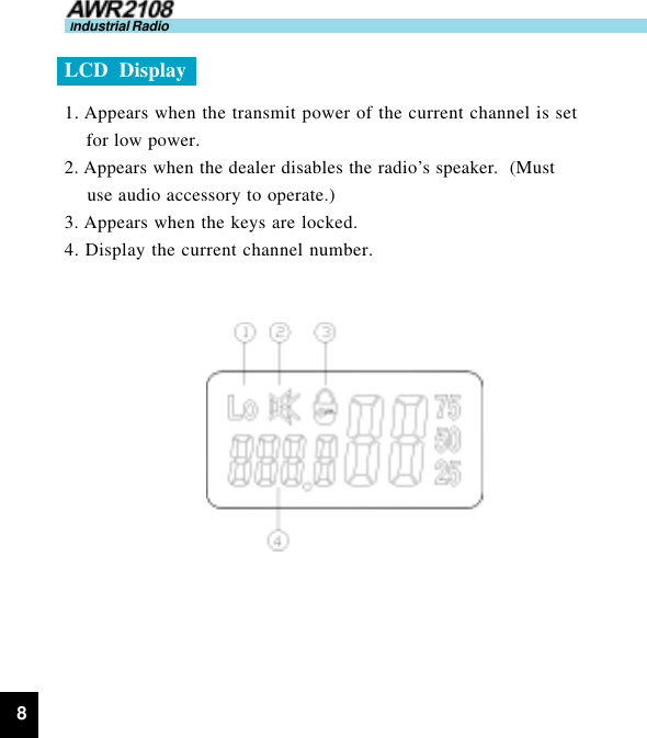 8Industrial RadioLCD  Display1. Appears when the transmit power of the current channel is set    for low power.2. Appears when the dealer disables the radio’s speaker.  (Must    use audio accessory to operate.)3. Appears when the keys are locked.4. Display the current channel number.                               