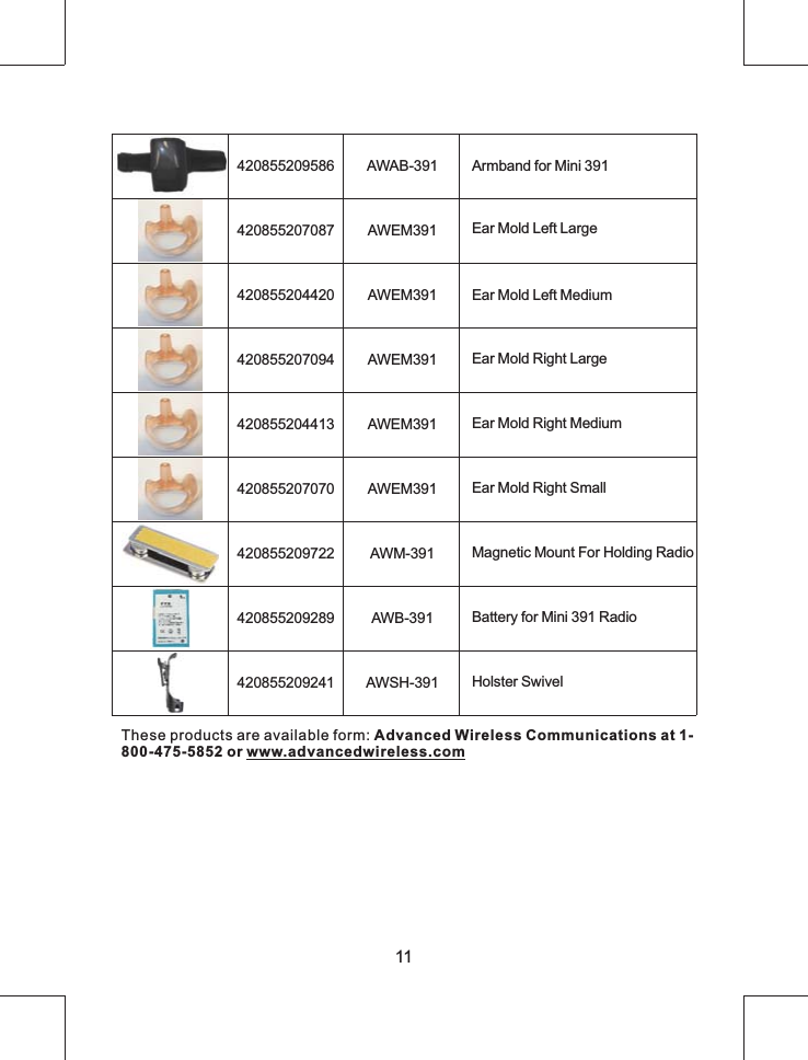 These products are available form: Advanced Wireless Communications at 1-800-475-5852 or www.advancedwireless.com11420855209586 AWAB-391 Armband for Mini 391420855207087 AWEM391 Ear Mold Left Large420855204420 AWEM391 Ear Mold Left Medium420855207094 AWEM391 Ear Mold Right Large420855204413 AWEM391 Ear Mold Right Medium420855207070 AWEM391 Ear Mold Right SmallAWM-391420855209289 AWB-391 Battery for Mini 391 Radio420855209241 AWSH-391 Holster Swivel420855209722 Magnetic Mount For Holding Radio
