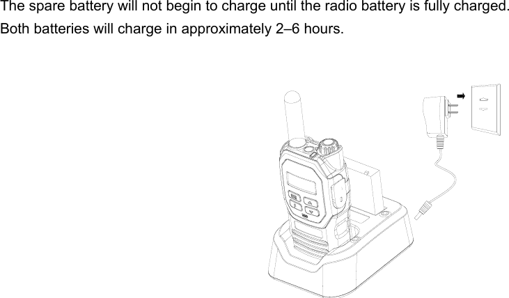 The spare battery will not begin to charge until the radio battery is fully charged. Both batteries will charge in approximately 2–6 hours.
