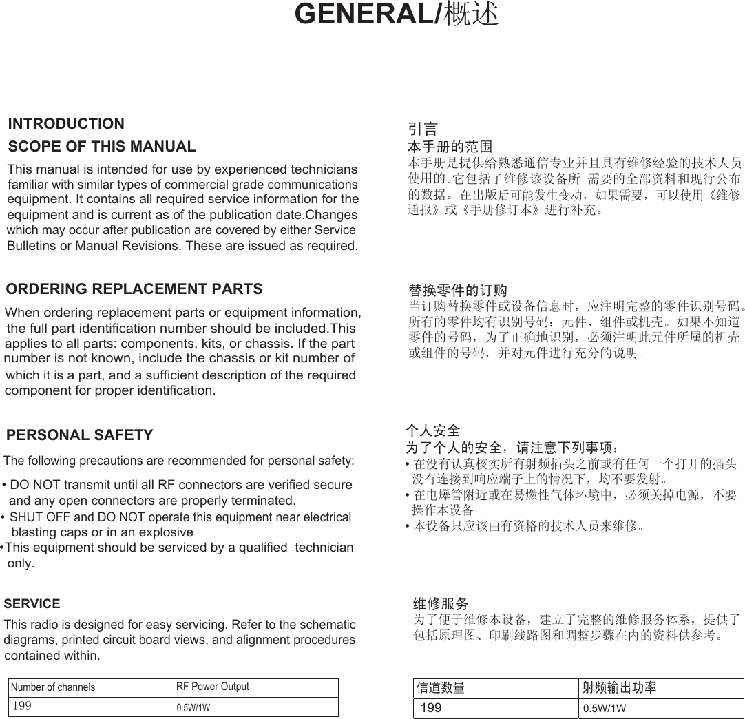 GENERAL/概述 INTRODUCTIONSCOPE OF THIS MANUALfamiliar with similar types of commercial grade communicationsequipment. It contains all required service information for theequipment and is current as of the publication date.ChangesBulletins or Manual Revisions. These are issued as required.ORDERING REPLACEMENT PARTSWhen ordering replacement parts or equipment information,applies to all parts: components, kits, or chassis. If the partcomponent for proper identification.PERSONAL SAFETYThe following precautions are recommended for personal safety: • DO NOT transmit until all RF connectors are verified secure  and any open connectors are properly terminated. •   blasting caps or in an explosive•This equipment should be serviced by a qualified  technician   only.SERVICEThis radio is designed for easy servicing. Refer to the schematicdiagrams, printed circuit board views, and alignment procedurescontained within.0.5W/1W0.5W/1W引言 本手册的范围 本手册是提供给熟悉通信专业并且具有维修经验的技术人员 使用的。    替换零件的订购 当订购替换零件或设备信息时，应注明完整的零件识别号码。 所有的零件均有识别号码：元件、组件或机壳。如果不知道 零件的号码，为了正确地识别，必须注明此元件所属的机壳 或组件的号码，并对元件进行充分的说明。  个人安全 为了个人的安全，请注意下列事项： •在没有认真核实所有射频插头之前或有任何一个打开的插头  没有连接到响应端子上的情况下，均不要发射。 •在电爆管附近或在易燃性气体环境中，必须关掉电源，不要  操作本设备 •本设备只应该由有资格的技术人员来维修。 维修服务 为了便于维修本设备，建立了完整的维修服务体系，提供了 包括原理图、印刷线路图和调整步骤在内的资料供参考。  信道数量 射频输出功率 RF Power OutputNumber of channelsThis manual is intended for use by experienced technicianswhich may occur after publication are covered by either Service 它包括了维修该设备所 需要的全部资料和现行公布  后可能发生变动，如果需要，可以使用《维修  the full part identification number should be included.Thisnumber is not known, include the chassis or kit number ofSHUT OFF and DO NOT operate this equipment near electricalwhich it is a part, and a sufficient description of the required的数据。在出版 通报》或《手册修订本》进行补充。 199 199