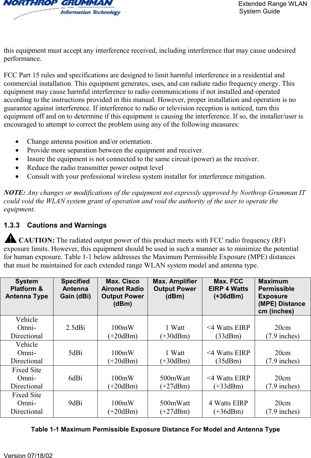       Extended Range WLAN                                                     System Guide     Version 07/18/02    this equipment must accept any interference received, including interference that may cause undesired performance.   FCC Part 15 rules and specifications are designed to limit harmful interference in a residential and commercial installation. This equipment generates, uses, and can radiate radio frequency energy. This equipment may cause harmful interference to radio communications if not installed and operated according to the instructions provided in this manual. However, proper installation and operation is no guarantee against interference. If interference to radio or television reception is noticed, turn this equipment off and on to determine if this equipment is causing the interference. If so, the installer/user is encouraged to attempt to correct the problem using any of the following measures:  •  Change antenna position and/or orientation. •  Provide more separation between the equipment and receiver. •  Insure the equipment is not connected to the same circuit (power) as the receiver. •  Reduce the radio transmitter power output level •  Consult with your professional wireless system installer for interference mitigation.  NOTE: Any changes or modifications of the equipment not expressly approved by Northrop Grumman IT could void the WLAN system grant of operation and void the authority of the user to operate the equipment. 1.3.3  Cautions and Warnings  CAUTION: The radiated output power of this product meets with FCC radio frequency (RF) exposure limits. However, this equipment should be used in such a manner as to minimize the potential for human exposure. Table 1-1 below addresses the Maximum Permissible Exposure (MPE) distances that must be maintained for each extended range WLAN system model and antenna type.  System Platform &amp; Antenna Type Specified Antenna Gain (dBi) Max. Cisco Aironet Radio Output Power (dBm) Max. Amplifier Output Power (dBm) Max. FCC EIRP 4 Watts  (+36dBm) Maximum Permissible Exposure (MPE) Distance cm (inches) Vehicle Omni-Directional  2.5dBi  100mW (+20dBm)  1 Watt (+30dBm)  &lt;4 Watts EIRP (33dBm)  20cm (7.9 inches) Vehicle Omni-Directional  5dBi  100mW (+20dBm)  1 Watt (+30dBm)  &lt;4 Watts EIRP (35dBm)  20cm (7.9 inches) Fixed Site Omni-Directional  6dBi  100mW (+20dBm)  500mWatt (+27dBm)  &lt;4 Watts EIRP (+33dBm)  20cm (7.9 inches) Fixed Site Omni-Directional  9dBi  100mW (+20dBm)  500mWatt (+27dBm)  4 Watts EIRP (+36dBm)  20cm (7.9 inches)  Table 1-1 Maximum Permissible Exposure Distance For Model and Antenna Type   