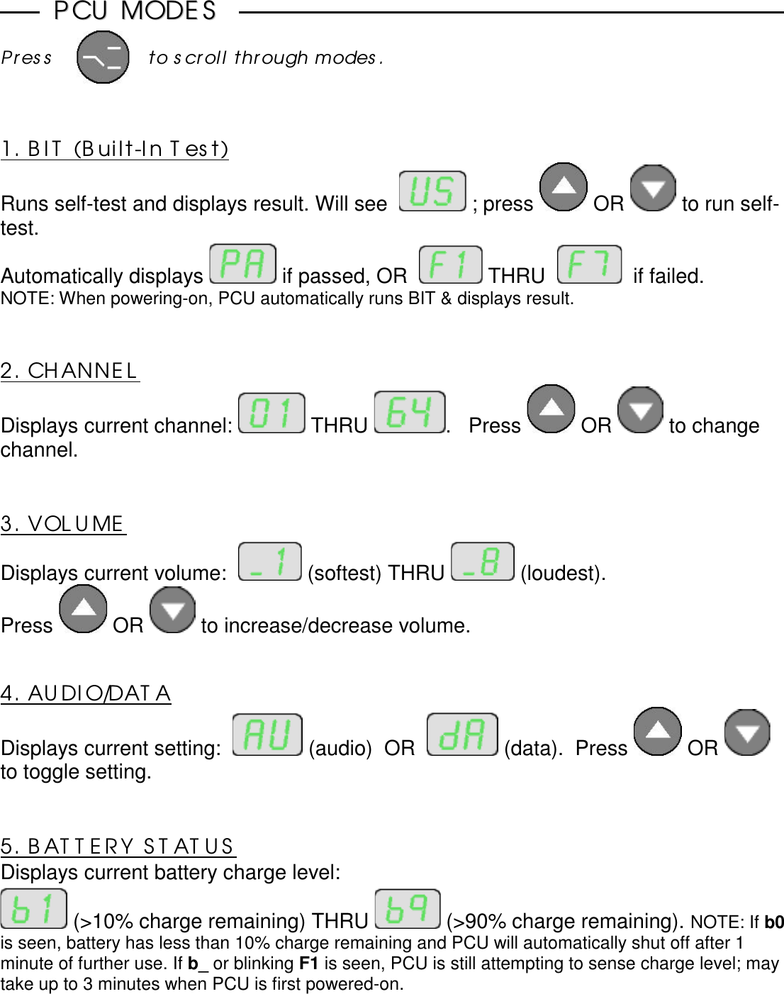 PPCCUU  MMOODDEESSP r ess        to s cr oll through modes .1. BIT (Built-In T es t)Runs self-test and displays result. Will see    ; press   OR   to run self-test.Automatically displays   if passed, OR    THRU     if failed.NOTE: When powering-on, PCU automatically runs BIT &amp; displays result.2. CHANNELDisplays current channel:   THRU  .   Press   OR   to changechannel.3. VOL UMEDisplays current volume:    (softest) THRU   (loudest).Press   OR   to increase/decrease volume.4. AUDIO/DAT ADisplays current setting:   (audio)  OR    (data).  Press   OR to toggle setting.5. BATTERY STATUSDisplays current battery charge level: (&gt;10% charge remaining) THRU   (&gt;90% charge remaining). NOTE: If b0is seen, battery has less than 10% charge remaining and PCU will automatically shut off after 1minute of further use. If b_ or blinking F1 is seen, PCU is still attempting to sense charge level; maytake up to 3 minutes when PCU is first powered-on.