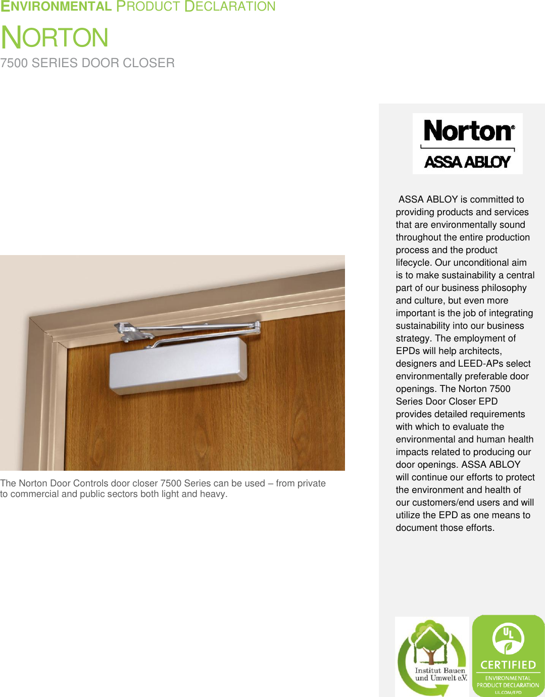 Norton 7500 Series Door Closer Environmental Product Declaration (EPD