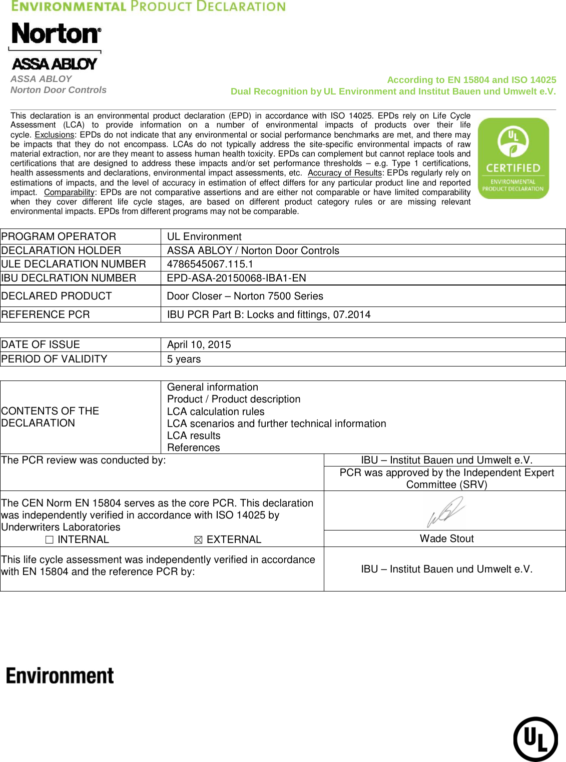 Norton 7500 Series Door Closer Environmental Product Declaration (EPD