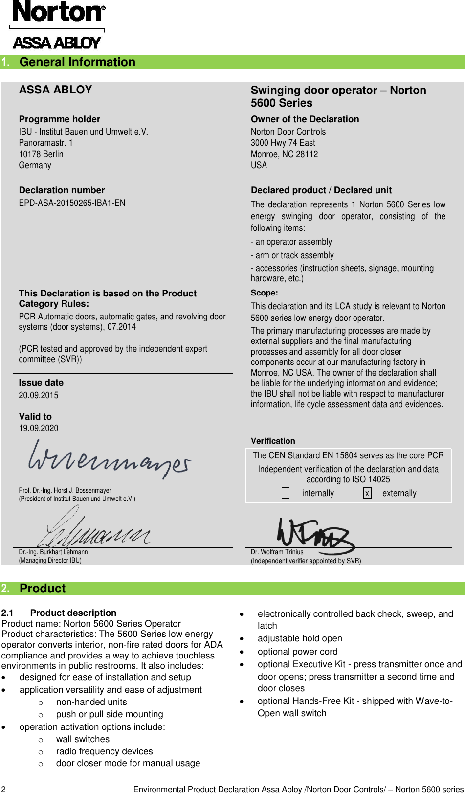 Page 3 of 12 - Norton  5600 Series Swinging Door Operator - Environmental Product Declaration (EPD) 155.1 ASSA ABLOY Mr EPD