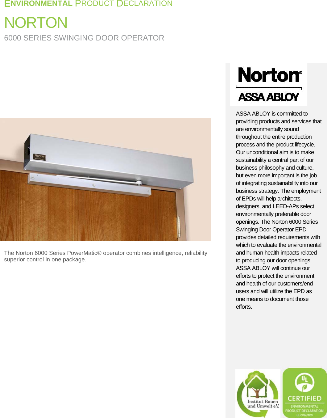 Page 1 of 12 - Norton  6000 Series Swinging Door Operator - Environmental Product Declaration (EPD) 157.1 ASSA ABLOY Mr EPD