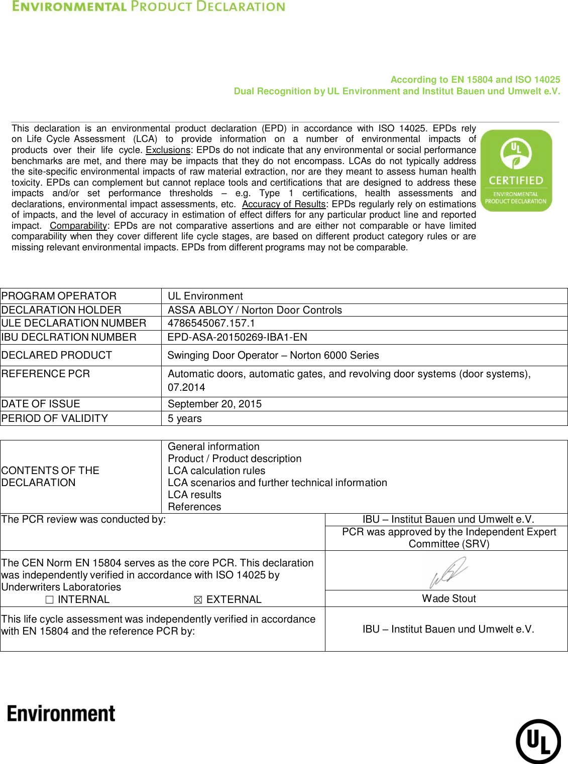 Page 2 of 12 - Norton  6000 Series Swinging Door Operator - Environmental Product Declaration (EPD) 157.1 ASSA ABLOY Mr EPD