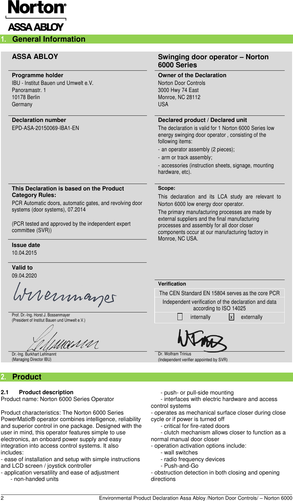 Page 3 of 12 - Norton  6000 Series Swinging Door Operator - Environmental Product Declaration (EPD) 157.1 ASSA ABLOY Mr EPD