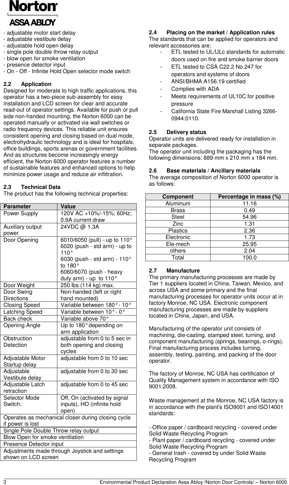 Page 4 of 12 - Norton  6000 Series Swinging Door Operator - Environmental Product Declaration (EPD) 157.1 ASSA ABLOY Mr EPD