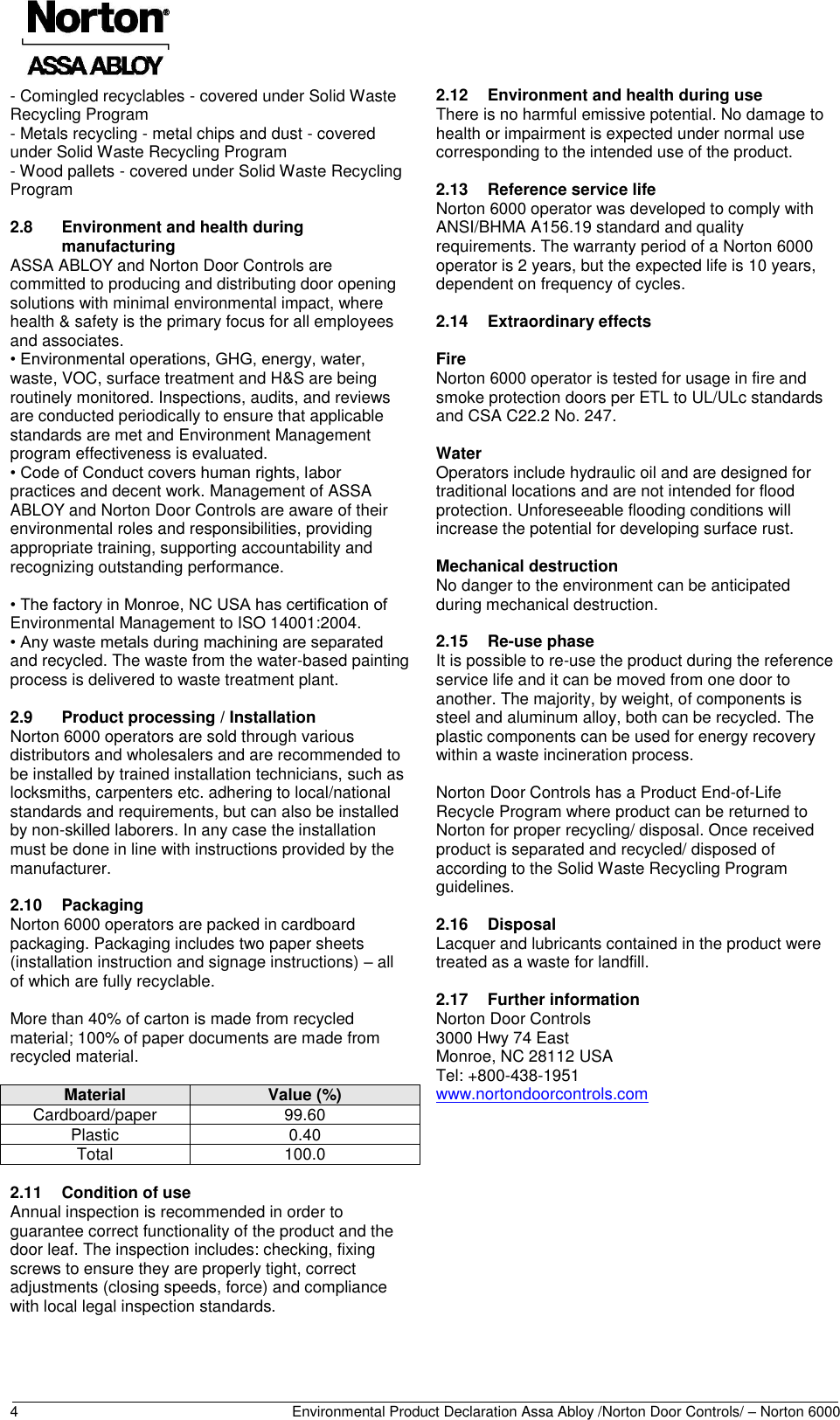 Page 5 of 12 - Norton  6000 Series Swinging Door Operator - Environmental Product Declaration (EPD) 157.1 ASSA ABLOY Mr EPD