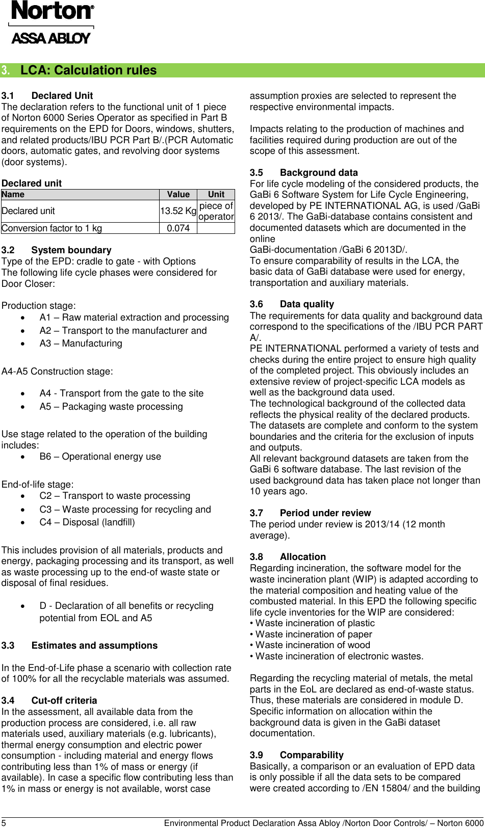 Page 6 of 12 - Norton  6000 Series Swinging Door Operator - Environmental Product Declaration (EPD) 157.1 ASSA ABLOY Mr EPD