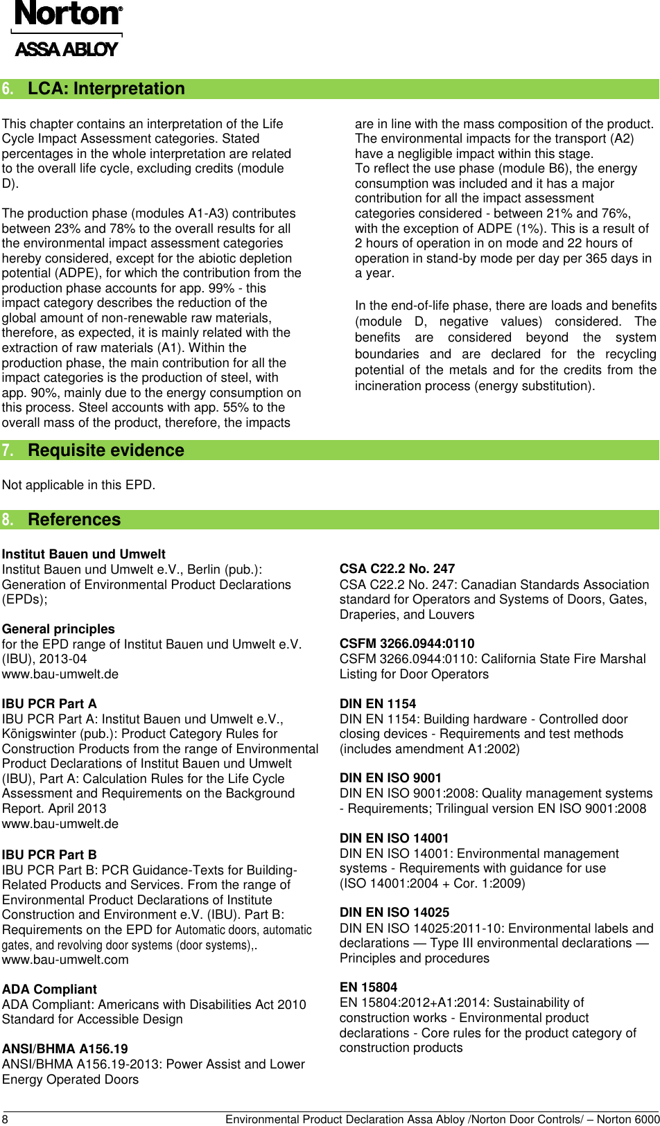 Page 9 of 12 - Norton  6000 Series Swinging Door Operator - Environmental Product Declaration (EPD) 157.1 ASSA ABLOY Mr EPD