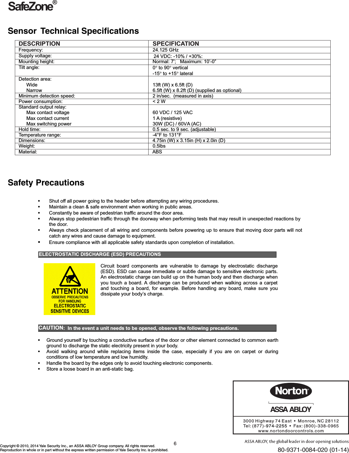 Page 6 of 6 - Norton  7100SZ Series Safe Zone With External Sensor Installation And Instruction Manual 80-9371-0084-020