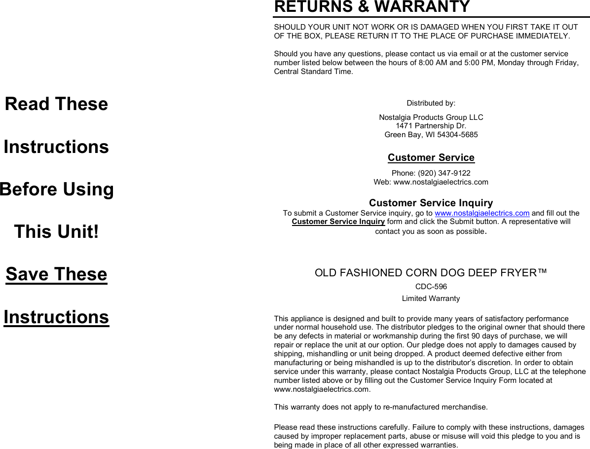Page 1 of 8 - Nostalgia-Electrics Nostalgia-Electrics-Cdc-596-Users-Manual CDC-596 9-1-09