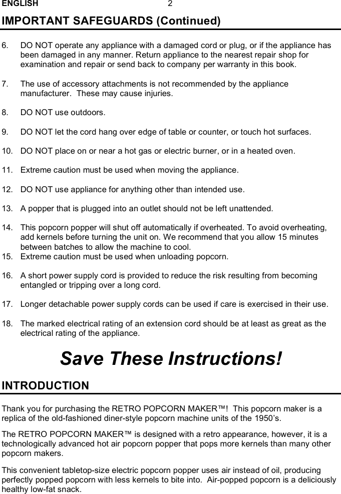 Page 3 of 8 - Nostalgia-Electrics Nostalgia-Electrics-Retro-Popcorn-Maker-Rhp-Users-Manual- RHP-SERIES ENG 5-11-09  Nostalgia-electrics-retro-popcorn-maker-rhp-users-manual