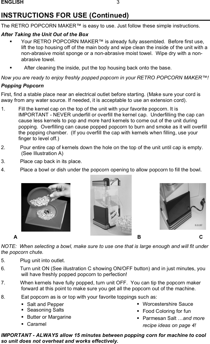 Page 4 of 8 - Nostalgia-Electrics Nostalgia-Electrics-Retro-Popcorn-Maker-Rhp-Users-Manual- RHP-SERIES ENG 5-11-09  Nostalgia-electrics-retro-popcorn-maker-rhp-users-manual