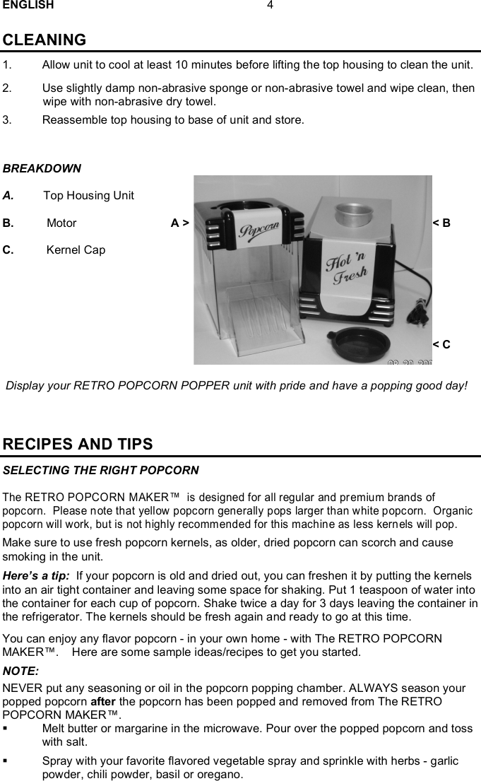 Page 5 of 8 - Nostalgia-Electrics Nostalgia-Electrics-Retro-Popcorn-Maker-Rhp-Users-Manual- RHP-SERIES ENG 5-11-09  Nostalgia-electrics-retro-popcorn-maker-rhp-users-manual