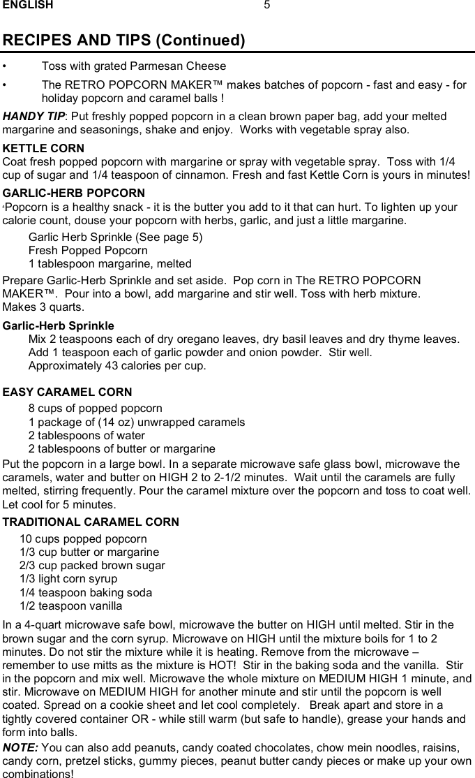 Page 6 of 8 - Nostalgia-Electrics Nostalgia-Electrics-Retro-Popcorn-Maker-Rhp-Users-Manual- RHP-SERIES ENG 5-11-09  Nostalgia-electrics-retro-popcorn-maker-rhp-users-manual