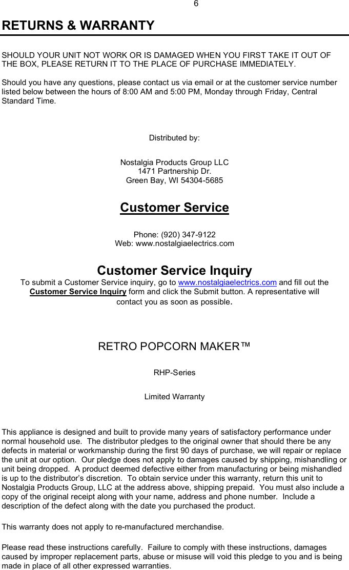 Page 7 of 8 - Nostalgia-Electrics Nostalgia-Electrics-Retro-Popcorn-Maker-Rhp-Users-Manual- RHP-SERIES ENG 5-11-09  Nostalgia-electrics-retro-popcorn-maker-rhp-users-manual