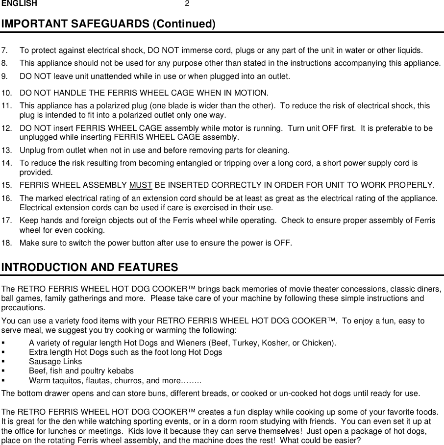 Page 3 of 9 - Nostalgia-Electrics Nostalgia-Electrics-Rfh-900-Users-Manual RFH-900 ENG 7-28-09