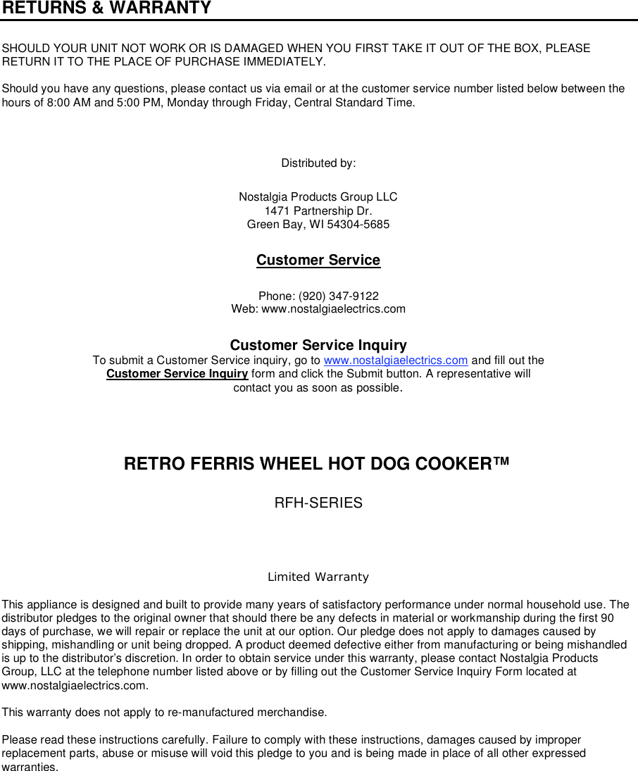 Page 8 of 9 - Nostalgia-Electrics Nostalgia-Electrics-Rfh-900-Users-Manual RFH-900 ENG 7-28-09