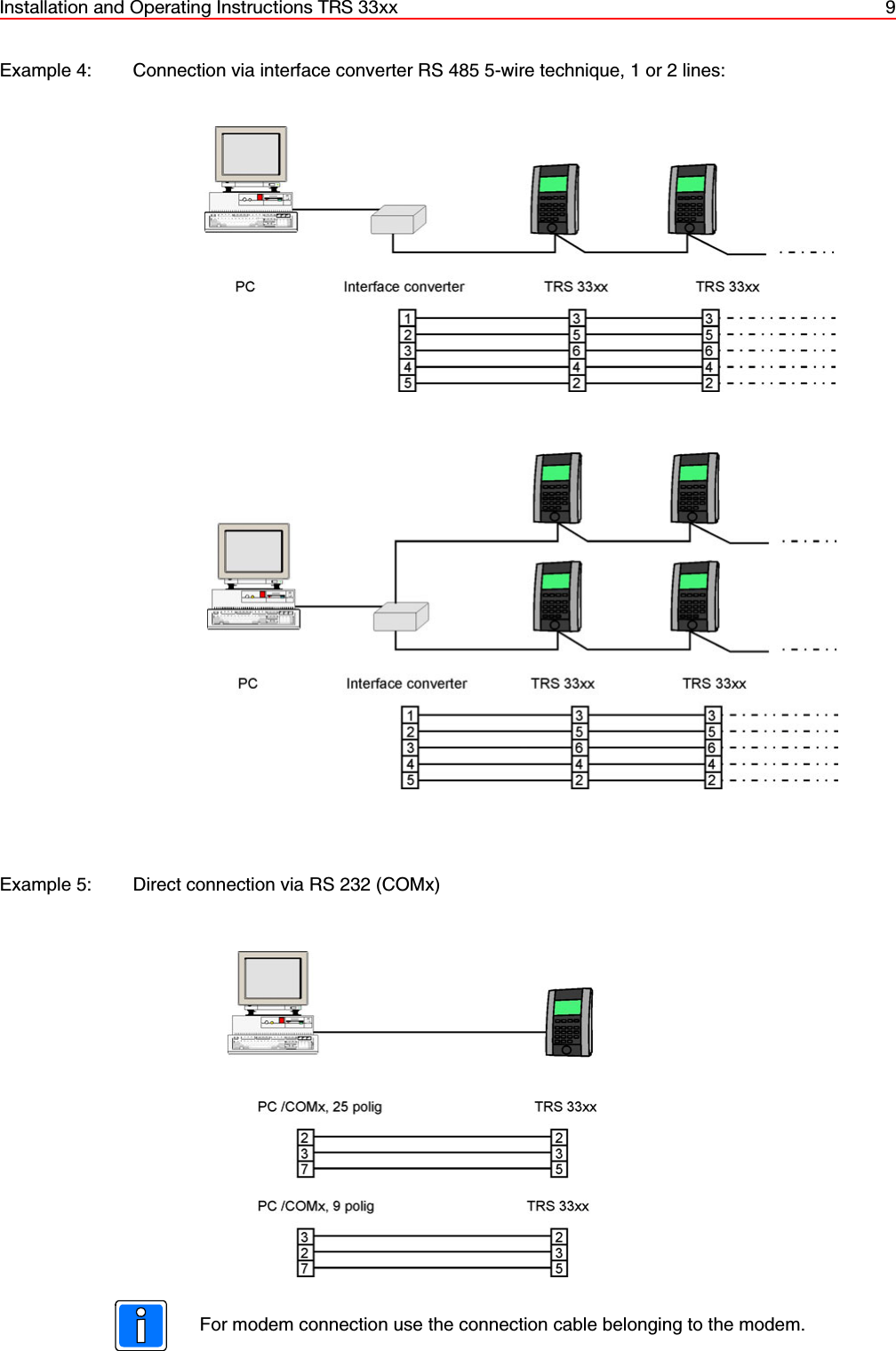 Installation and Operating Instructions TRS 33xx 9Example 4: Connection via interface converter RS 485 5-wire technique, 1 or 2 lines:Example 5: Direct connection via RS 232 (COMx)For modem connection use the connection cable belonging to the modem.