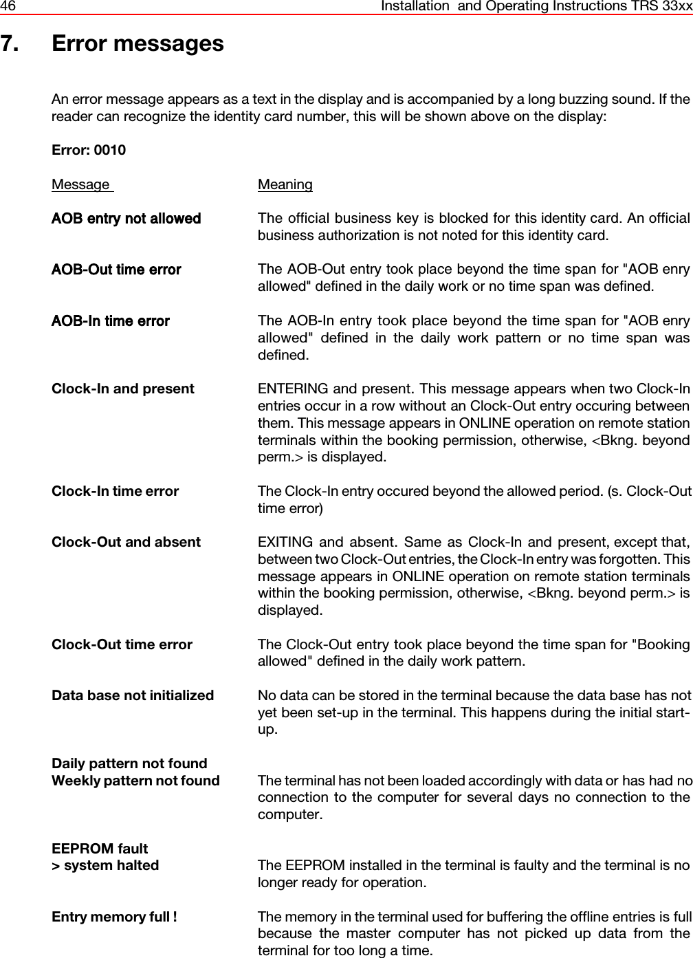 46 Installation  and Operating Instructions TRS 33xx7. Error messagesAn error message appears as a text in the display and is accompanied by a long buzzing sound. If thereader can recognize the identity card number, this will be shown above on the display:Error: 0010Message  MeaningAOB entry not allowed  The official business key is blocked for this identity card. An officialbusiness authorization is not noted for this identity card.AOB-Out time error The AOB-Out entry took place beyond the time span for &quot;AOB enryallowed&quot; defined in the daily work or no time span was defined.AOB-In time error The AOB-In entry took place beyond the time span for &quot;AOB enryallowed&quot; defined in the daily work pattern or no time span wasdefined.Clock-In and present ENTERING and present. This message appears when two Clock-Inentries occur in a row without an Clock-Out entry occuring betweenthem. This message appears in ONLINE operation on remote stationterminals within the booking permission, otherwise, &lt;Bkng. beyondperm.&gt; is displayed.Clock-In time error The Clock-In entry occured beyond the allowed period. (s. Clock-Outtime error)Clock-Out and absent EXITING and absent. Same as Clock-In and present, except that,between two Clock-Out entries, the Clock-In entry was forgotten. Thismessage appears in ONLINE operation on remote station terminalswithin the booking permission, otherwise, &lt;Bkng. beyond perm.&gt; isdisplayed.Clock-Out time error The Clock-Out entry took place beyond the time span for &quot;Bookingallowed&quot; defined in the daily work pattern.Data base not initialized  No data can be stored in the terminal because the data base has notyet been set-up in the terminal. This happens during the initial start-up.Daily pattern not foundWeekly pattern not found The terminal has not been loaded accordingly with data or has had noconnection to the computer for several days no connection to thecomputer.EEPROM fault         &gt; system halted The EEPROM installed in the terminal is faulty and the terminal is nolonger ready for operation.Entry memory full ! The memory in the terminal used for buffering the offline entries is fullbecause the master computer has not picked up data from theterminal for too long a time.