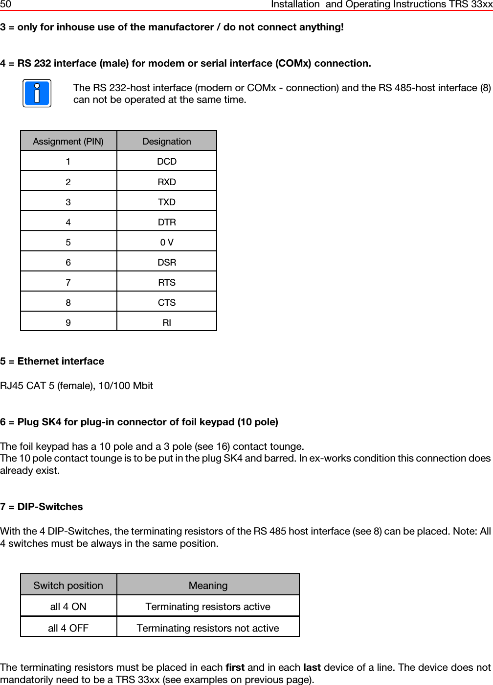 50 Installation  and Operating Instructions TRS 33xx3 = only for inhouse use of the manufactorer / do not connect anything!4 = RS 232 interface (male) for modem or serial interface (COMx) connection.The RS 232-host interface (modem or COMx - connection) and the RS 485-host interface (8)can not be operated at the same time.Assignment (PIN) Designation1 DCD2 RXD3 TXD4 DTR50 V6 DSR7 RTS8 CTS9RI5 = Ethernet interfaceRJ45 CAT 5 (female), 10/100 Mbit6 = Plug SK4 for plug-in connector of foil keypad (10 pole)The foil keypad has a 10 pole and a 3 pole (see 16) contact tounge.The 10 pole contact tounge is to be put in the plug SK4 and barred. In ex-works condition this connection doesalready exist.7 = DIP-SwitchesWith the 4 DIP-Switches, the terminating resistors of the RS 485 host interface (see 8) can be placed. Note: All4 switches must be always in the same position.Switch position Meaningall 4 ON Terminating resistors activeall 4 OFF Terminating resistors not activeThe terminating resistors must be placed in each first and in each last device of a line. The device does notmandatorily need to be a TRS 33xx (see examples on previous page).