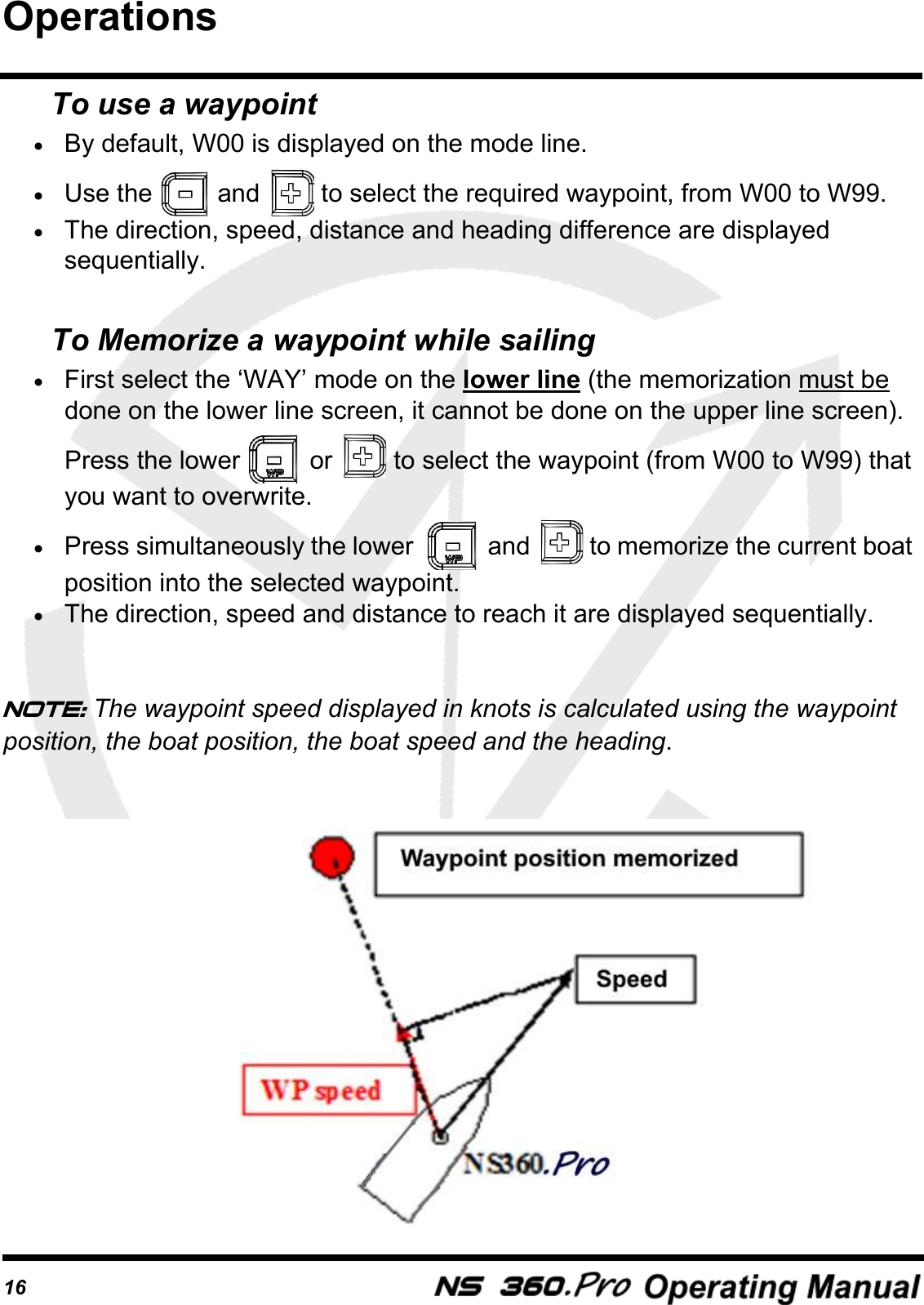 16To use a waypoint&bull;By default, W00 is displayed on the mode line.&bull;Use the   and   to select the required waypoint, from W00 to W99.&bull;The direction, speed, distance and heading difference are displayed sequentially.To Memorize a waypoint while sailing&bull;First select the &lsquo;WAY&rsquo; mode on the lower line (the memorization must be done on the lower line screen, it cannot be done on the upper line screen). Press the lower   or   to select the waypoint (from W00 to W99) that you want to overwrite.&bull;Press simultaneously the lower    and   to memorize the current boat position into the selected waypoint.&bull;The direction, speed and distance to reach it are displayed sequentially.Note: The waypoint speed displayed in knots is calculated using the waypoint position, the boat position, the boat speed and the heading.Operations