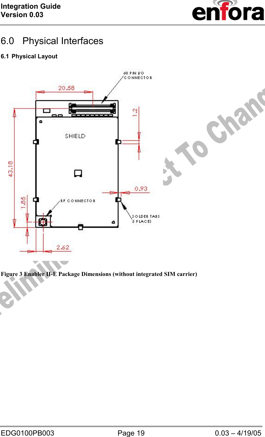 Integration Guide  Version 0.03   EDG0100PB003  Page 19  0.03 – 4/19/05  6.0 Physical Interfaces  6.1 Physical Layout    Figure 3 Enabler II-E Package Dimensions (without integrated SIM carrier)  