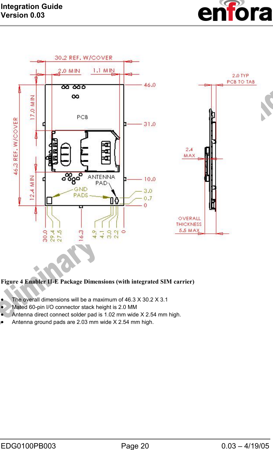 Integration Guide  Version 0.03   EDG0100PB003  Page 20  0.03 – 4/19/05         Figure 4 Enabler II-E Package Dimensions (with integrated SIM carrier)  • The overall dimensions will be a maximum of 46.3 X 30.2 X 3.1 • Mated 60-pin I/O connector stack height is 2.0 MM • Antenna direct connect solder pad is 1.02 mm wide X 2.54 mm high. • Antenna ground pads are 2.03 mm wide X 2.54 mm high.    