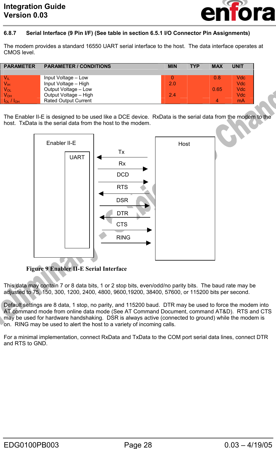 Integration Guide  Version 0.03   EDG0100PB003  Page 28  0.03 – 4/19/05 6.8.7  Serial Interface (9 Pin I/F) (See table in section 6.5.1 I/O Connector Pin Assignments)  The modem provides a standard 16550 UART serial interface to the host.  The data interface operates at CMOS level.            The Enabler II-E is designed to be used like a DCE device.  RxData is the serial data from the modem to the host.  TxData is the serial data from the host to the modem.                         Figure 9 Enabler II-E Serial Interface  This data may contain 7 or 8 data bits, 1 or 2 stop bits, even/odd/no parity bits.  The baud rate may be adjusted to 75, 150, 300, 1200, 2400, 4800, 9600,19200, 38400, 57600, or 115200 bits per second.  Default settings are 8 data, 1 stop, no parity, and 115200 baud.  DTR may be used to force the modem into AT command mode from online data mode (See AT Command Document, command AT&amp;D).  RTS and CTS may be used for hardware handshaking.  DSR is always active (connected to ground) while the modem is on.  RING may be used to alert the host to a variety of incoming calls.  For a minimal implementation, connect RxData and TxData to the COM port serial data lines, connect DTR and RTS to GND.  PARAMETER PARAMETER / CONDITIONS MIN  TYP  MAX  UNIT  VIL Input Voltage – Low  0   0.8  Vdc VIH Input Voltage – High  2.0      Vdc VOL  Output Voltage – Low      0.65  Vdc VOH  Output Voltage – High  2.4      Vdc IOL / IOH Rated Output Current      4  mA RINGCTS DTR DSR RTS RxTxEnabler II-E UART DCD Host 