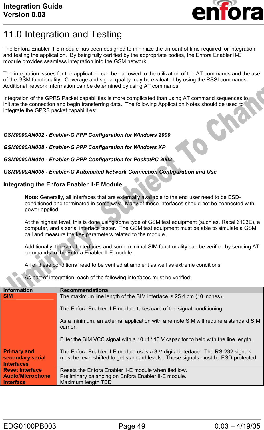 Integration Guide  Version 0.03   EDG0100PB003  Page 49  0.03 – 4/19/05 11.0 Integration and Testing  The Enfora Enabler II-E module has been designed to minimize the amount of time required for integration and testing the application.  By being fully certified by the appropriate bodies, the Enfora Enabler II-E module provides seamless integration into the GSM network.  The integration issues for the application can be narrowed to the utilization of the AT commands and the use of the GSM functionality.  Coverage and signal quality may be evaluated by using the RSSI commands.  Additional network information can be determined by using AT commands.  Integration of the GPRS Packet capabilities is more complicated than using AT command sequences to initiate the connection and begin transferring data.  The following Application Notes should be used to integrate the GPRS packet capabilities:    GSM0000AN002 - Enabler-G PPP Configuration for Windows 2000  GSM0000AN008 - Enabler-G PPP Configuration for Windows XP  GSM0000AN010 - Enabler-G PPP Configuration for PocketPC 2002  GSM0000AN005 - Enabler-G Automated Network Connection Configuration and Use  Integrating the Enfora Enabler II-E Module  Note: Generally, all interfaces that are externally available to the end user need to be ESD-conditioned and terminated in some way.  Many of these interfaces should not be connected with power applied.  At the highest level, this is done using some type of GSM test equipment (such as, Racal 6103E), a computer, and a serial interface tester.  The GSM test equipment must be able to simulate a GSM call and measure the key parameters related to the module.  Additionally, the serial interfaces and some minimal SIM functionality can be verified by sending AT commands to the Enfora Enabler II-E module.  All of these conditions need to be verified at ambient as well as extreme conditions.  As part of integration, each of the following interfaces must be verified:  Information  Recommendations SIM  The maximum line length of the SIM interface is 25.4 cm (10 inches).  The Enfora Enabler II-E module takes care of the signal conditioning  As a minimum, an external application with a remote SIM will require a standard SIM carrier.  Filter the SIM VCC signal with a 10 uf / 10 V capacitor to help with the line length.  Primary and secondary serial Interfaces The Enfora Enabler II-E module uses a 3 V digital interface.  The RS-232 signals must be level-shifted to get standard levels.  These signals must be ESD-protected. Reset Interface  Resets the Enfora Enabler II-E module when tied low. Audio/Microphone Interface Preliminary balancing on Enfora Enabler II-E module. Maximum length TBD  