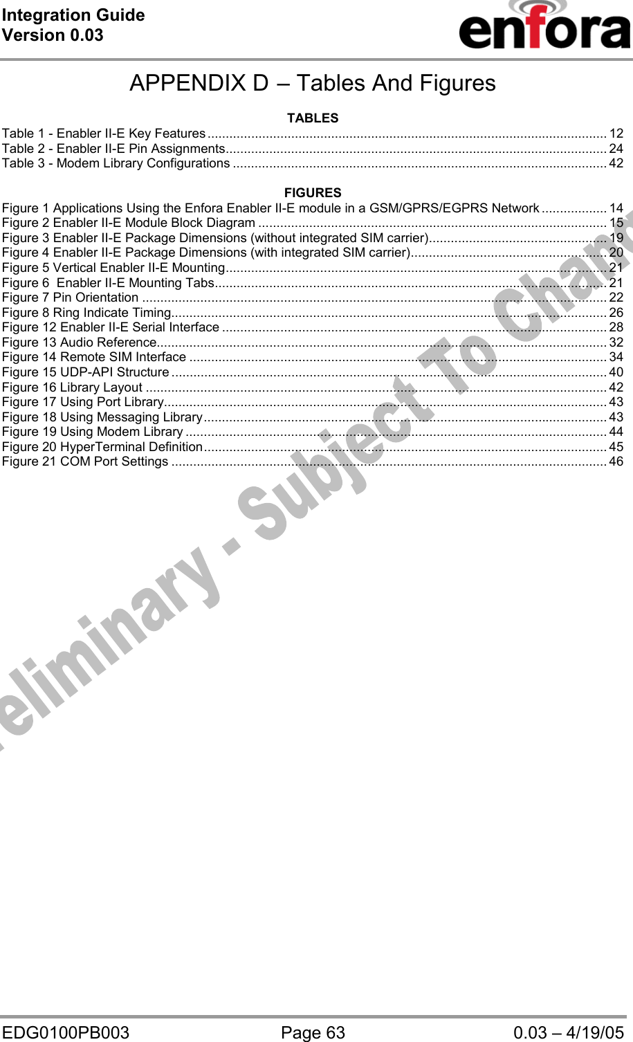 Integration Guide  Version 0.03   EDG0100PB003  Page 63  0.03 – 4/19/05 APPENDIX D – Tables And Figures  TABLES Table 1 - Enabler II-E Key Features.............................................................................................................. 12 Table 2 - Enabler II-E Pin Assignments......................................................................................................... 24 Table 3 - Modem Library Configurations ....................................................................................................... 42  FIGURES Figure 1 Applications Using the Enfora Enabler II-E module in a GSM/GPRS/EGPRS Network .................. 14 Figure 2 Enabler II-E Module Block Diagram ................................................................................................ 15 Figure 3 Enabler II-E Package Dimensions (without integrated SIM carrier)................................................. 19 Figure 4 Enabler II-E Package Dimensions (with integrated SIM carrier)...................................................... 20 Figure 5 Vertical Enabler II-E Mounting......................................................................................................... 21 Figure 6  Enabler II-E Mounting Tabs............................................................................................................ 21 Figure 7 Pin Orientation ................................................................................................................................ 22 Figure 8 Ring Indicate Timing........................................................................................................................ 26 Figure 12 Enabler II-E Serial Interface .......................................................................................................... 28 Figure 13 Audio Reference............................................................................................................................ 32 Figure 14 Remote SIM Interface ................................................................................................................... 34 Figure 15 UDP-API Structure ........................................................................................................................ 40 Figure 16 Library Layout ............................................................................................................................... 42 Figure 17 Using Port Library.......................................................................................................................... 43 Figure 18 Using Messaging Library............................................................................................................... 43 Figure 19 Using Modem Library .................................................................................................................... 44 Figure 20 HyperTerminal Definition............................................................................................................... 45 Figure 21 COM Port Settings ........................................................................................................................ 46  