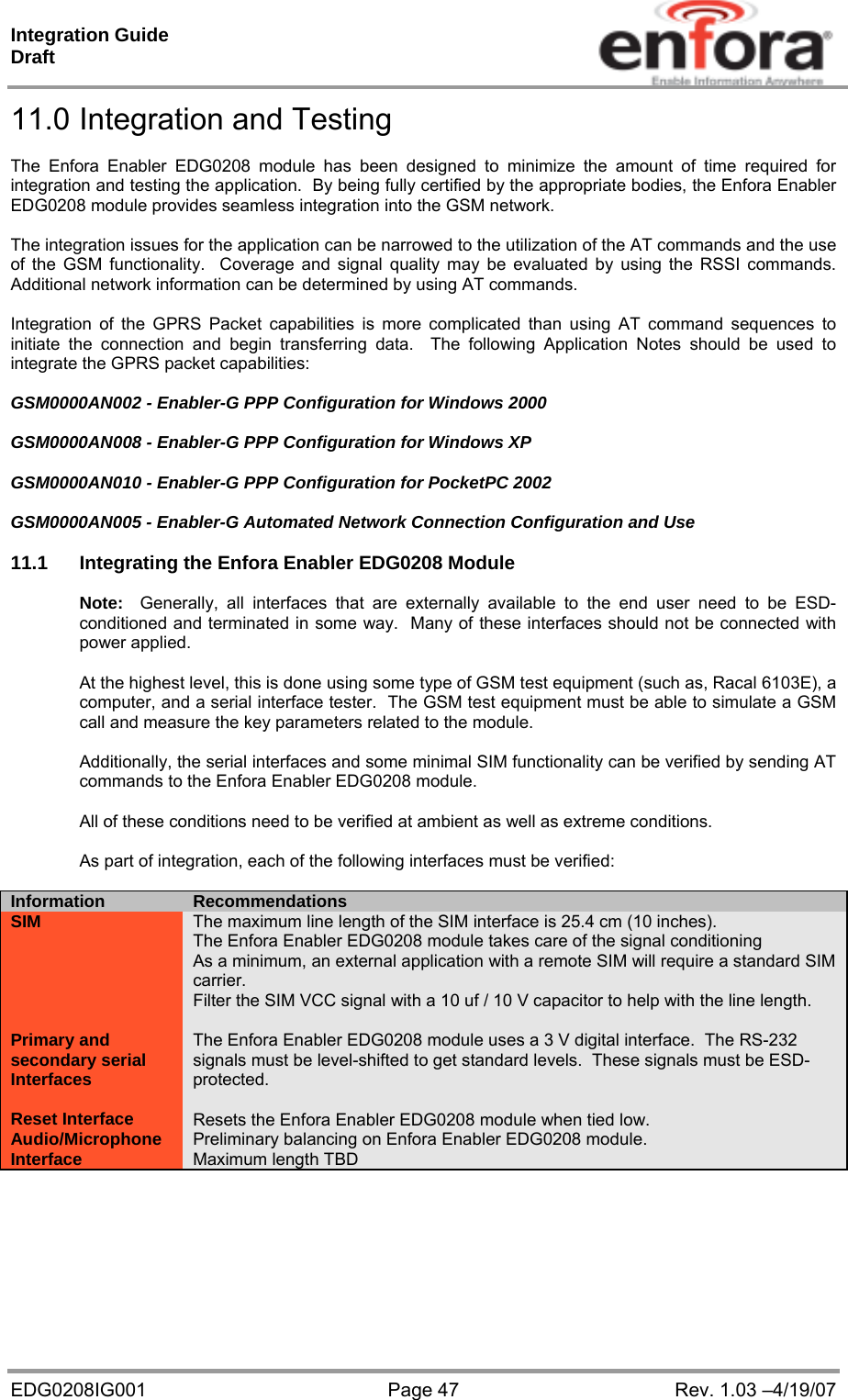 Integration Guide  Draft EDG0208IG001  Page 47  Rev. 1.03 –4/19/07 11.0 Integration and Testing  The Enfora Enabler EDG0208 module has been designed to minimize the amount of time required for integration and testing the application.  By being fully certified by the appropriate bodies, the Enfora Enabler EDG0208 module provides seamless integration into the GSM network.  The integration issues for the application can be narrowed to the utilization of the AT commands and the use of the GSM functionality.  Coverage and signal quality may be evaluated by using the RSSI commands.  Additional network information can be determined by using AT commands.  Integration of the GPRS Packet capabilities is more complicated than using AT command sequences to initiate the connection and begin transferring data.  The following Application Notes should be used to integrate the GPRS packet capabilities:  GSM0000AN002 - Enabler-G PPP Configuration for Windows 2000  GSM0000AN008 - Enabler-G PPP Configuration for Windows XP  GSM0000AN010 - Enabler-G PPP Configuration for PocketPC 2002  GSM0000AN005 - Enabler-G Automated Network Connection Configuration and Use  11.1  Integrating the Enfora Enabler EDG0208 Module  Note:  Generally, all interfaces that are externally available to the end user need to be ESD-conditioned and terminated in some way.  Many of these interfaces should not be connected with power applied.  At the highest level, this is done using some type of GSM test equipment (such as, Racal 6103E), a computer, and a serial interface tester.  The GSM test equipment must be able to simulate a GSM call and measure the key parameters related to the module.  Additionally, the serial interfaces and some minimal SIM functionality can be verified by sending AT commands to the Enfora Enabler EDG0208 module.  All of these conditions need to be verified at ambient as well as extreme conditions.  As part of integration, each of the following interfaces must be verified:  Information  RecommendationsSIM  The maximum line length of the SIM interface is 25.4 cm (10 inches). The Enfora Enabler EDG0208 module takes care of the signal conditioning As a minimum, an external application with a remote SIM will require a standard SIM carrier. Filter the SIM VCC signal with a 10 uf / 10 V capacitor to help with the line length.  Primary and secondary serial Interfaces The Enfora Enabler EDG0208 module uses a 3 V digital interface.  The RS-232 signals must be level-shifted to get standard levels.  These signals must be ESD-protected.  Reset Interface  Resets the Enfora Enabler EDG0208 module when tied low. Audio/Microphone Interface  Preliminary balancing on Enfora Enabler EDG0208 module. Maximum length TBD  