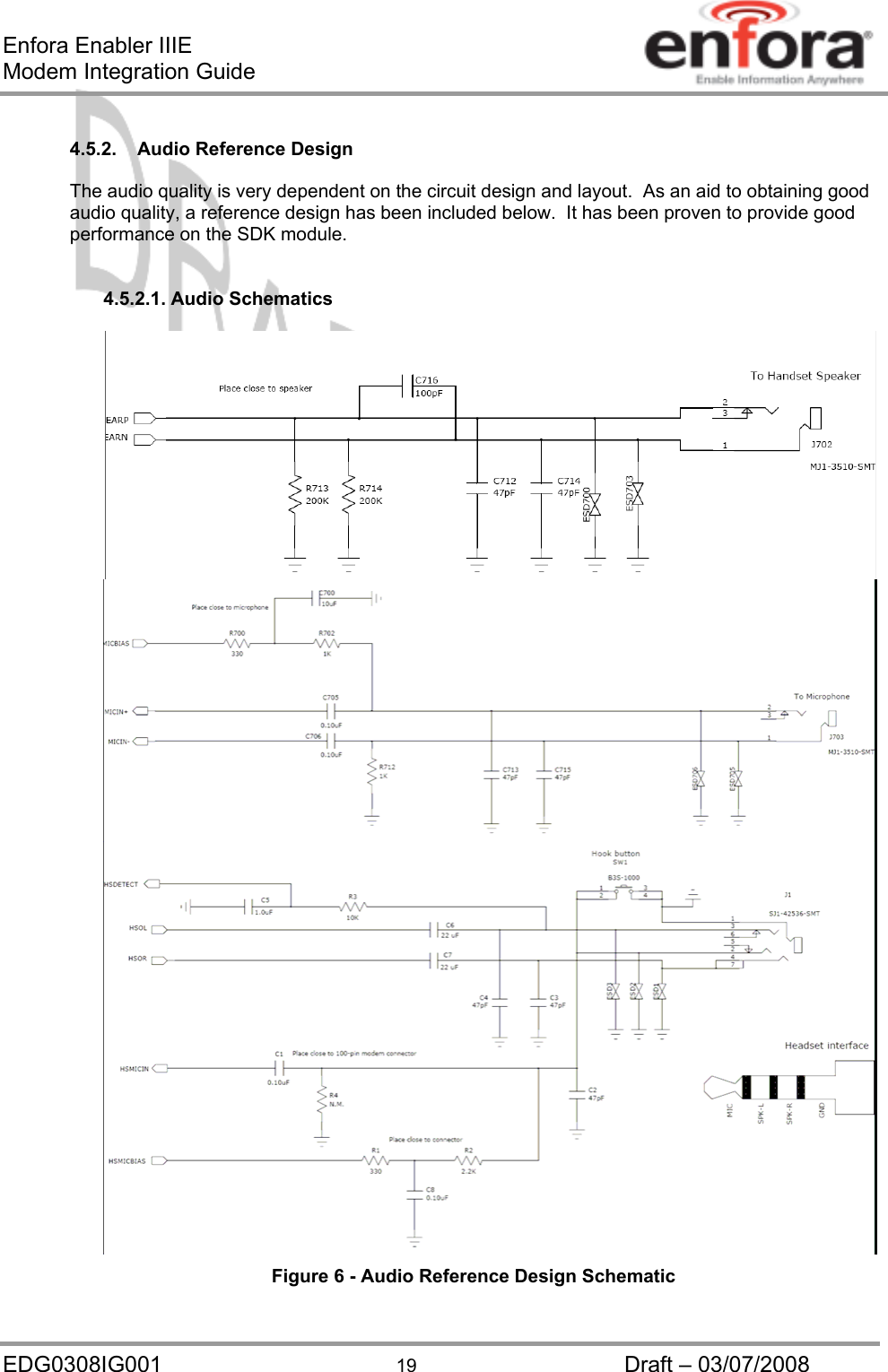 Enfora Enabler IIIE Modem Integration Guide  4.5.2.  Audio Reference Design  The audio quality is very dependent on the circuit design and layout.  As an aid to obtaining good audio quality, a reference design has been included below.  It has been proven to provide good performance on the SDK module.   4.5.2.1. Audio Schematics     Figure 6 - Audio Reference Design Schematic EDG0308IG001  19  Draft – 03/07/2008 